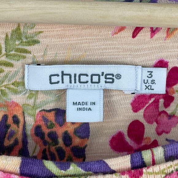 Chicos Womens XL Tropical Floral Elbow Sleeve Tee Crew Neck Shirt - Picture 6 of 14
